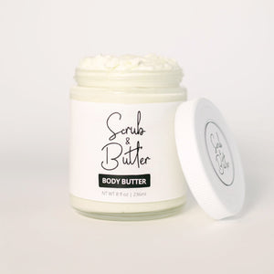 Body Butter by Scrub & Butter is available in a 8 fl oz | 227ml jar. It is lightweight, non-greasy, and nourishing.