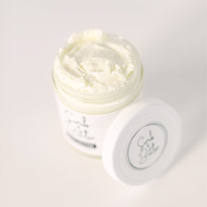 Body Butter by Scrub & Butter is available in a 8 fl oz | 227ml jar. It is lightweight, non-greasy, and nourishing.